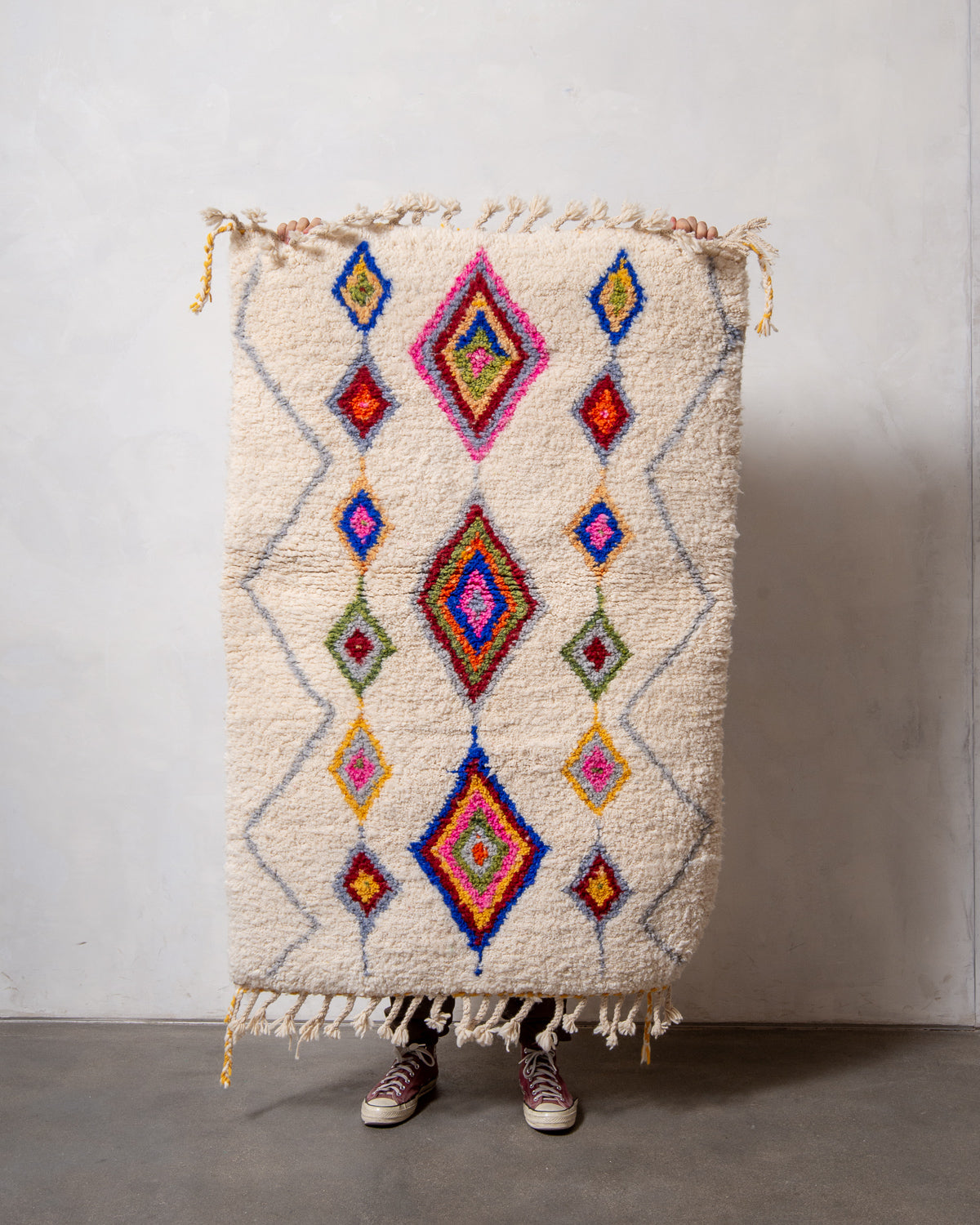 Modern, designer, handcrafted Berber rug from Morocco. Beniourain carpet with beautiful colours and patterns and fluffy wool texture.